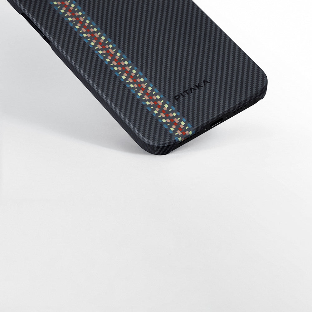 Apple iPhone 15 Kılıf M-safe Şarj Özellikli 600D Aramid Fiber Pitaka Tactile Woven Orchestra Serisi Rhapsody Kapak Siyah