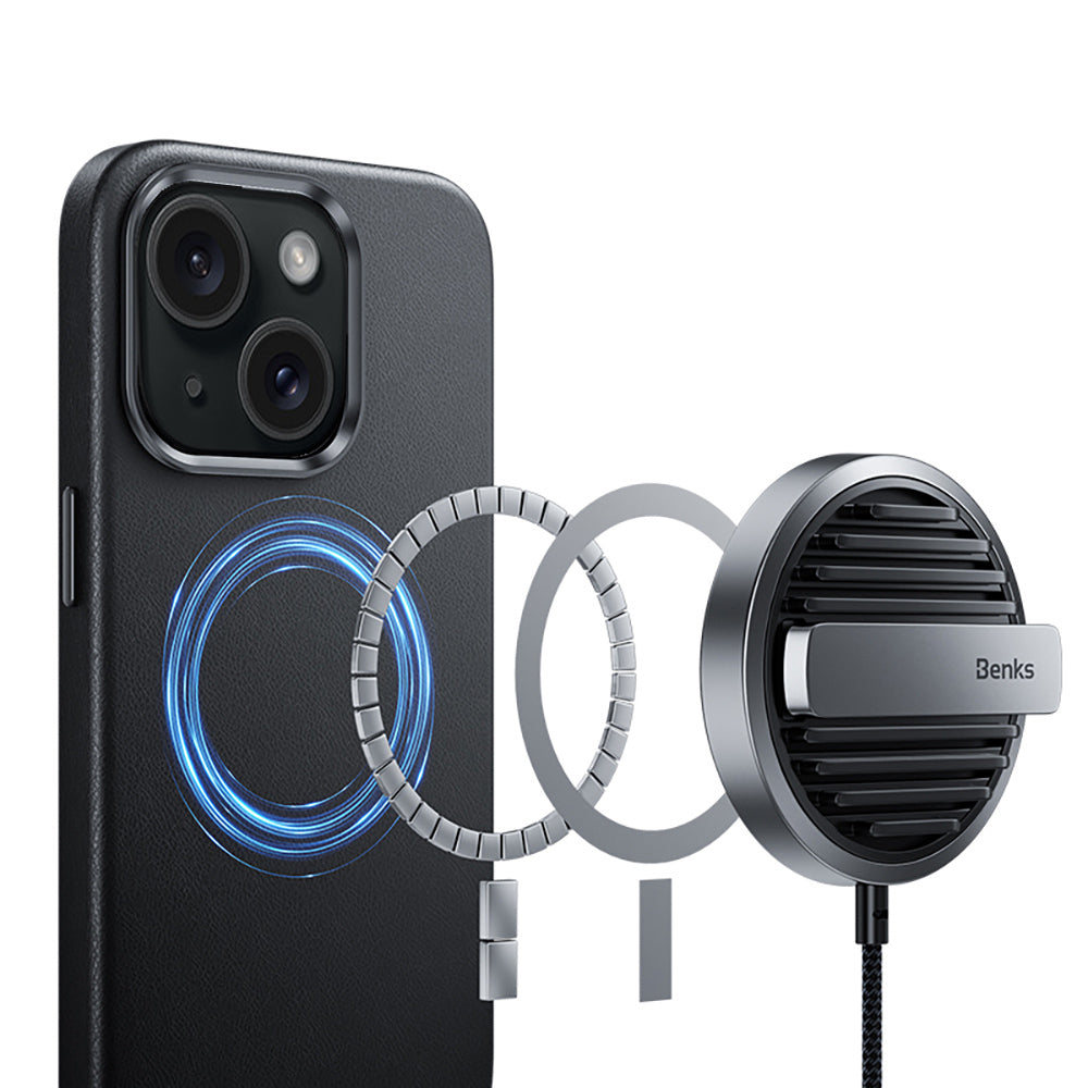 Apple iPhone 15 Kılıf M-safe Şarj Özellikli Benks Vintage Leather Kapak Siyah