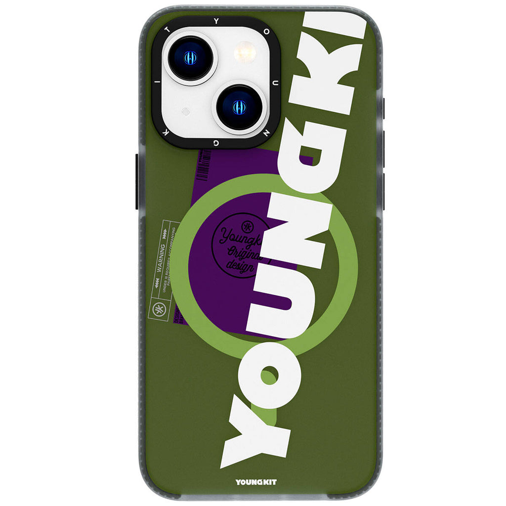 Apple iPhone 15 Kılıf M-safe Şarj Özellikli Youngkit Binfen Serisi Yazı Temalı Kapak Yeşil