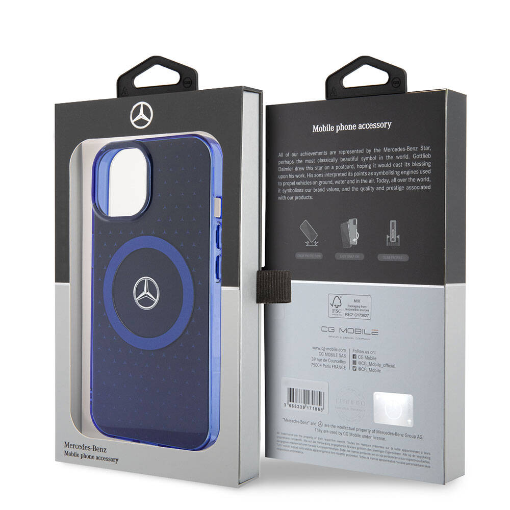 Apple iPhone 15 Kılıf Mercedes Benz Orjinal Lisanslı M-safe Şarj Özellikli Çift Katmanlı Mavi Yıldız Desenli Kapak Mavi