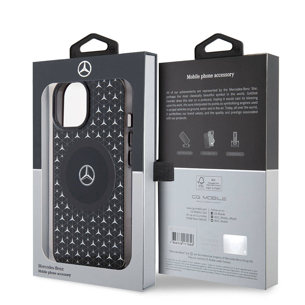 Apple iPhone 15 Kılıf Mercedes Benz Orjinal Lisanslı M-safe Şarj Özellikli Çift Katmanlı Mini Yıldız Desenli Kapak Siyah