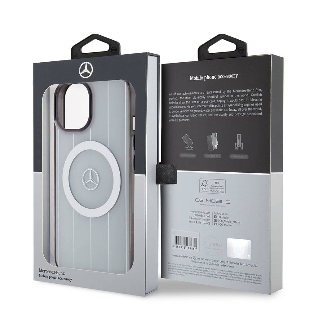 Apple iPhone 15 Kılıf Mercedes Benz Orjinal Lisanslı M-safe Şarj Özellikli Çift Katmanlı Paralel Çizgi Desenli Kapak Beyaz