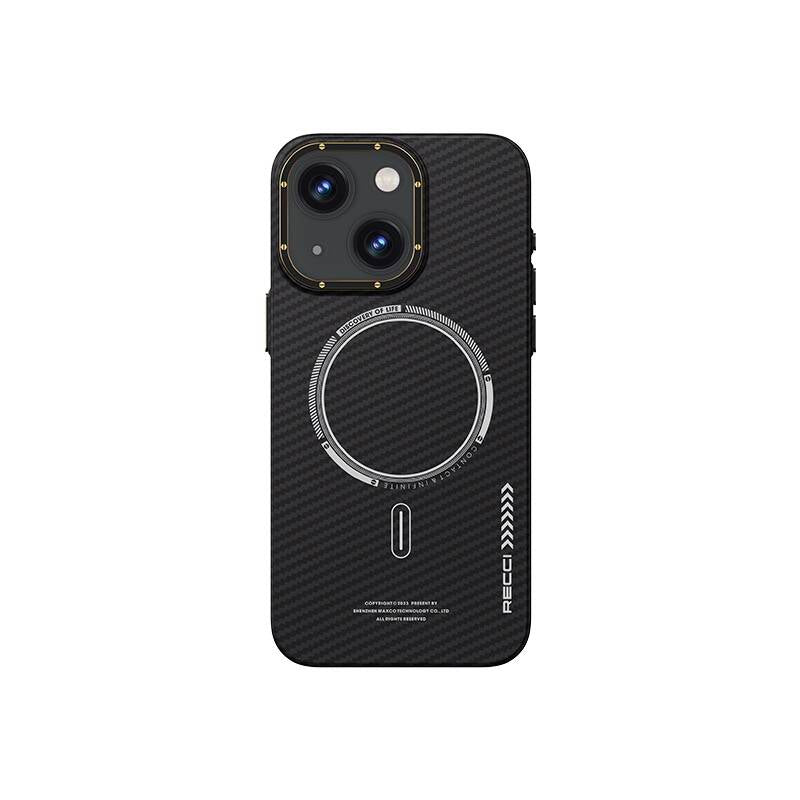 Apple iPhone 15 Kılıf Recci Machinist Serisi M-safe Şarj Özellikli Magnetik Karbon Kapak Siyah
