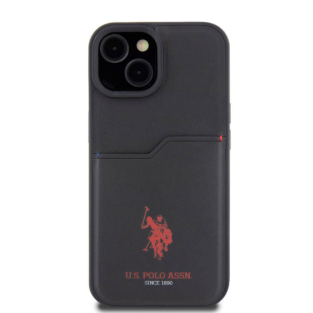 Apple iPhone 15 Kılıf U.S. Polo Assn. Orjinal Lisanslı Baskı Logolu PU Kartlıklı Kapak Siyah