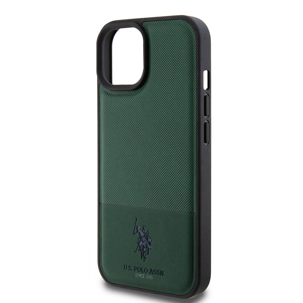 Apple iPhone 15 Kılıf U.S. Polo Assn. Orjinal Lisanslı Suni Deri Arka Yüzey Baskı Logolu Örgü Desenli Kapak Yeşil