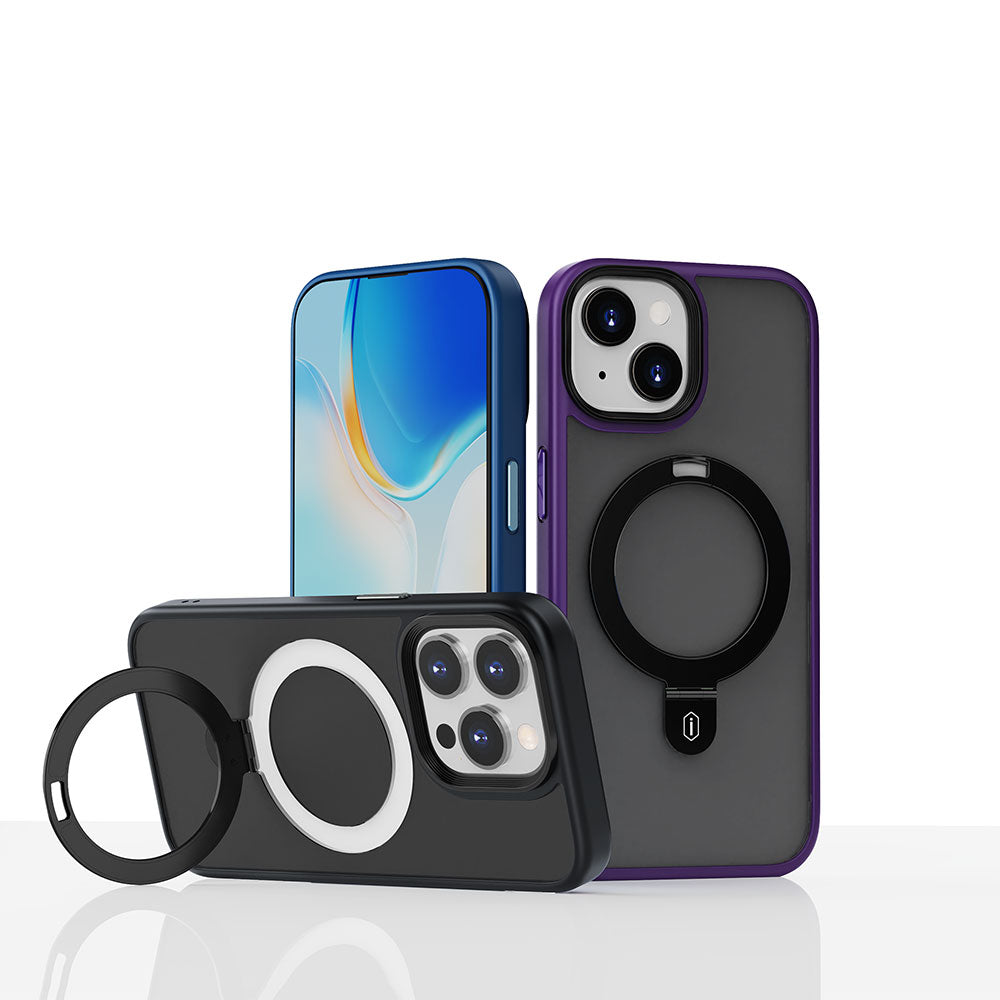 Apple iPhone 15 Kılıf Wiwu ZMM-010 M-safe Şarj Özellikli Mat Arka Yüzey Standlı Kapak Mavi