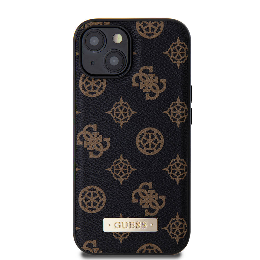 Apple iPhone 15 Plus Kılıf Guess M-safe Şarj Özellikli PU Deri Desenli Metal Plaka Logolu Kapak Siyah