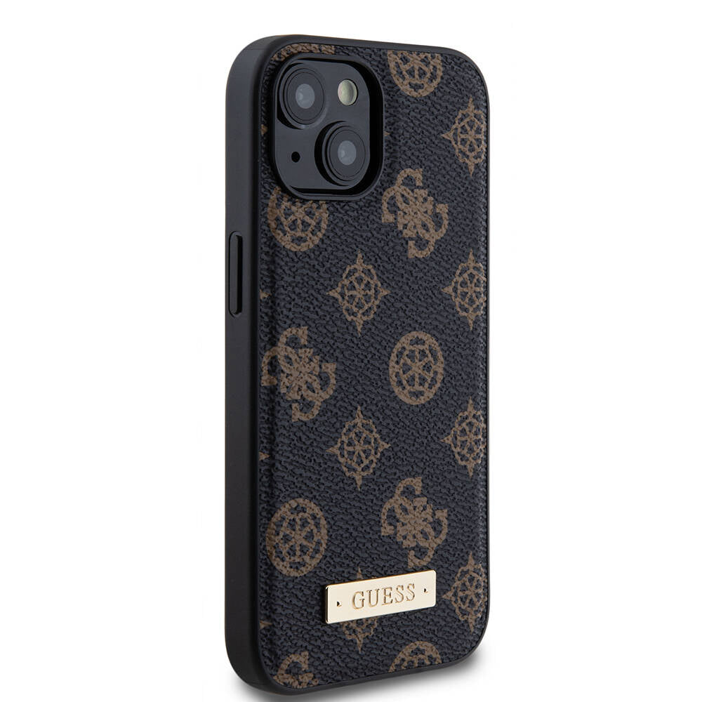 Apple iPhone 15 Plus Kılıf Guess M-safe Şarj Özellikli PU Deri Desenli Metal Plaka Logolu Kapak Siyah