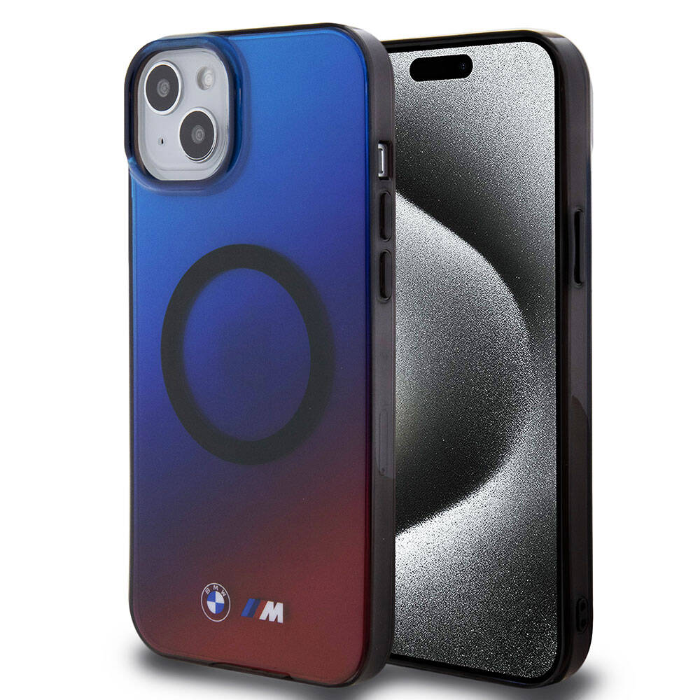 Apple iPhone 15 Plus Kılıf BMW M-safe Şarj Özellikli Transparan Renk Geçişli Dizayn Orjinal Lisanslı Kapak Mavi-Kırmızı