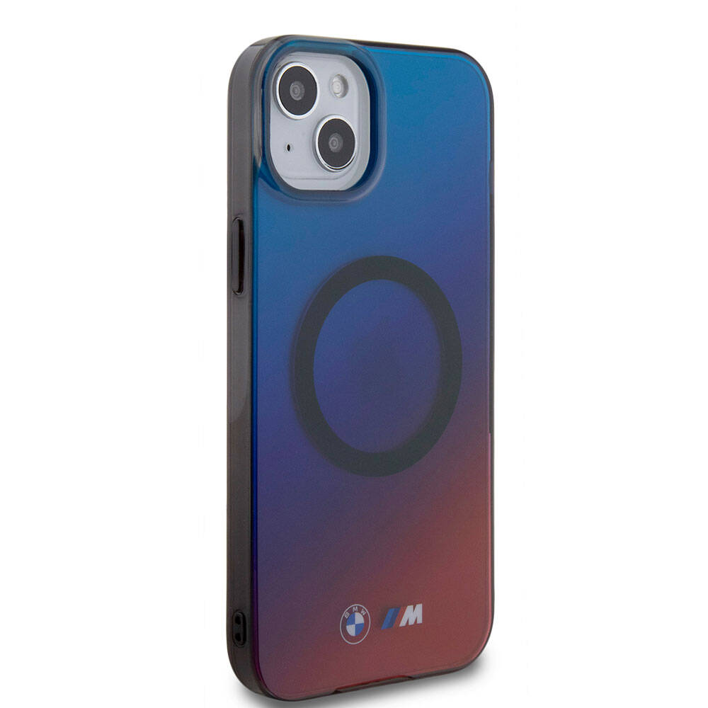 Apple iPhone 15 Plus Kılıf BMW M-safe Şarj Özellikli Transparan Renk Geçişli Dizayn Orjinal Lisanslı Kapak Mavi-Kırmızı