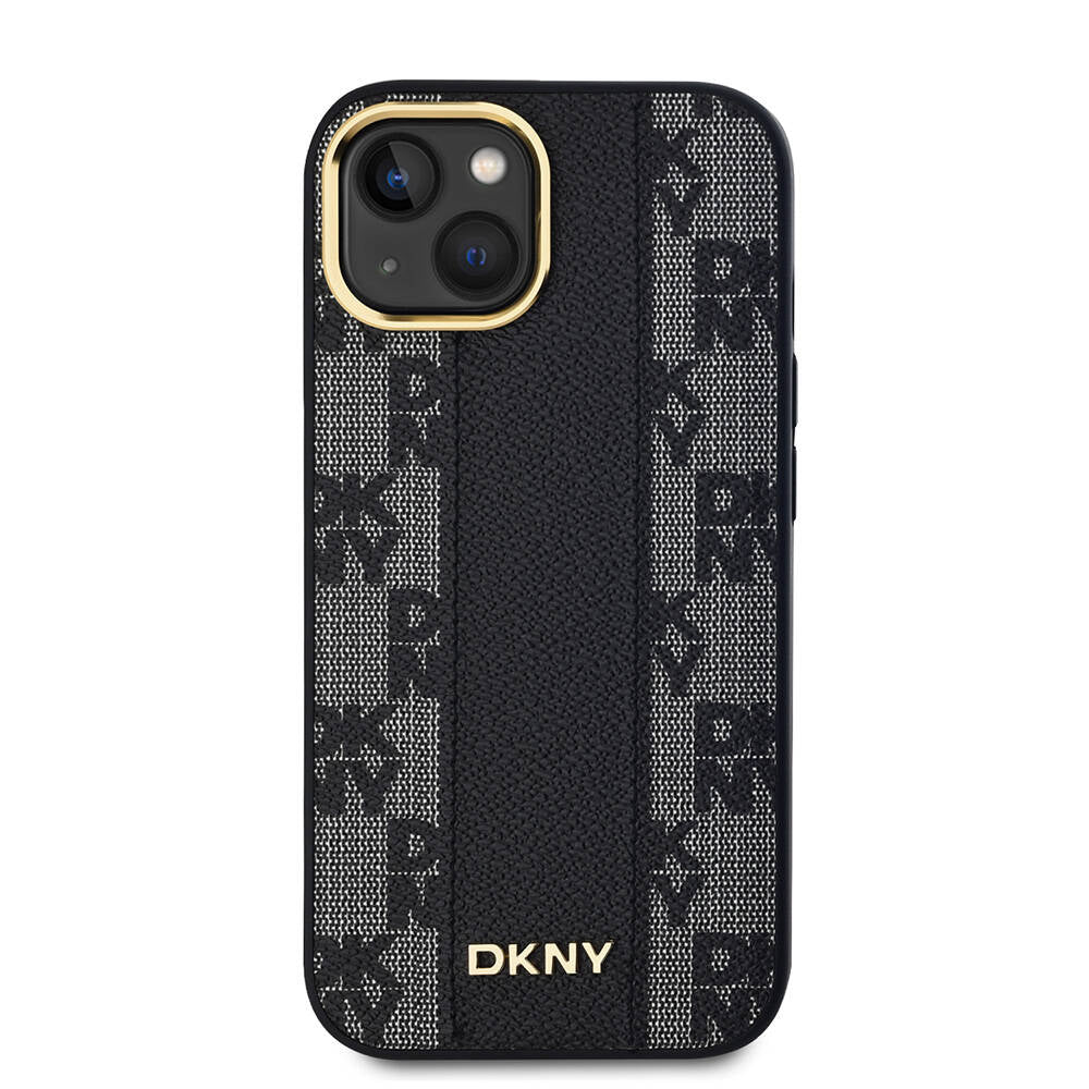 Apple iPhone 15 Plus Kılıf DKNY Orjinal Lisanslı M-safe Şarj Özellikli 3D Yazılı Checkered Pattern Kapak Siyah