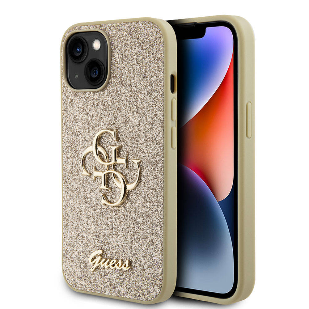 Apple iPhone 15 Plus Kılıf Guess Orjinal Lisanslı 4G Büyük Metal Logolu Glitter Kapak Siyah