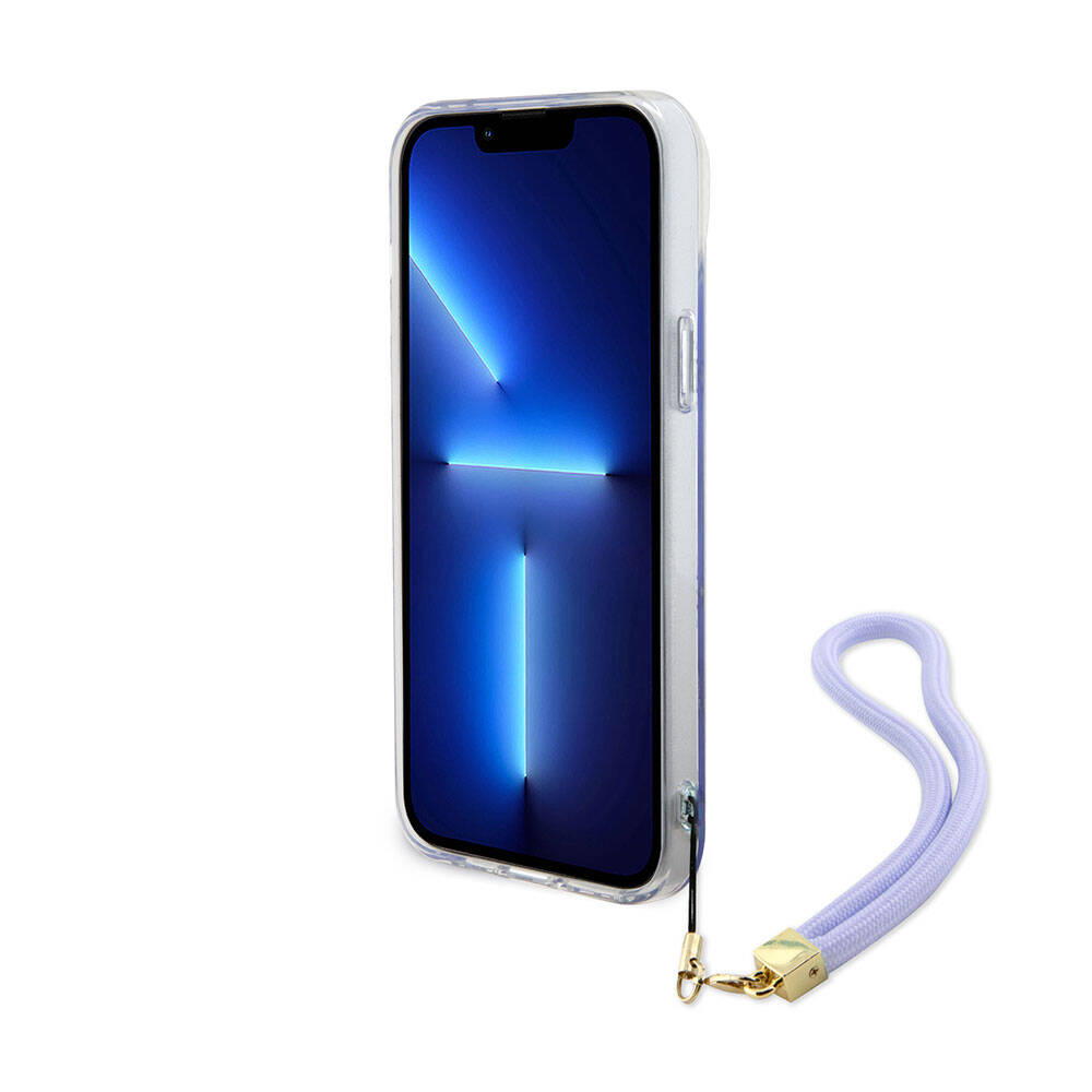 Apple iPhone 15 Plus Kılıf Guess Orjinal Lisanslı Desenli Yazı Logolu Askı İpli Holografik Glitter Peony Kapak Siyah