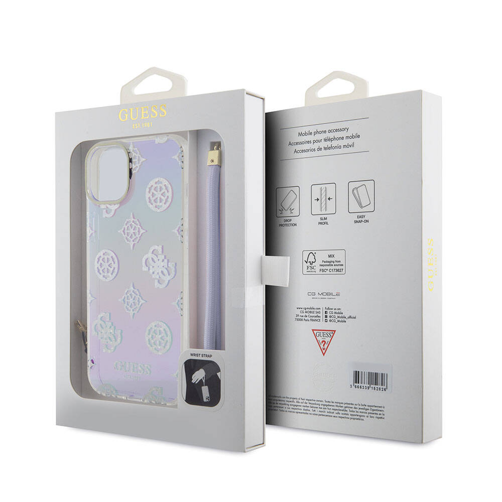 Apple iPhone 15 Plus Kılıf Guess Orjinal Lisanslı Desenli Yazı Logolu Askı İpli Holografik Glitter Peony Kapak Turkuaz