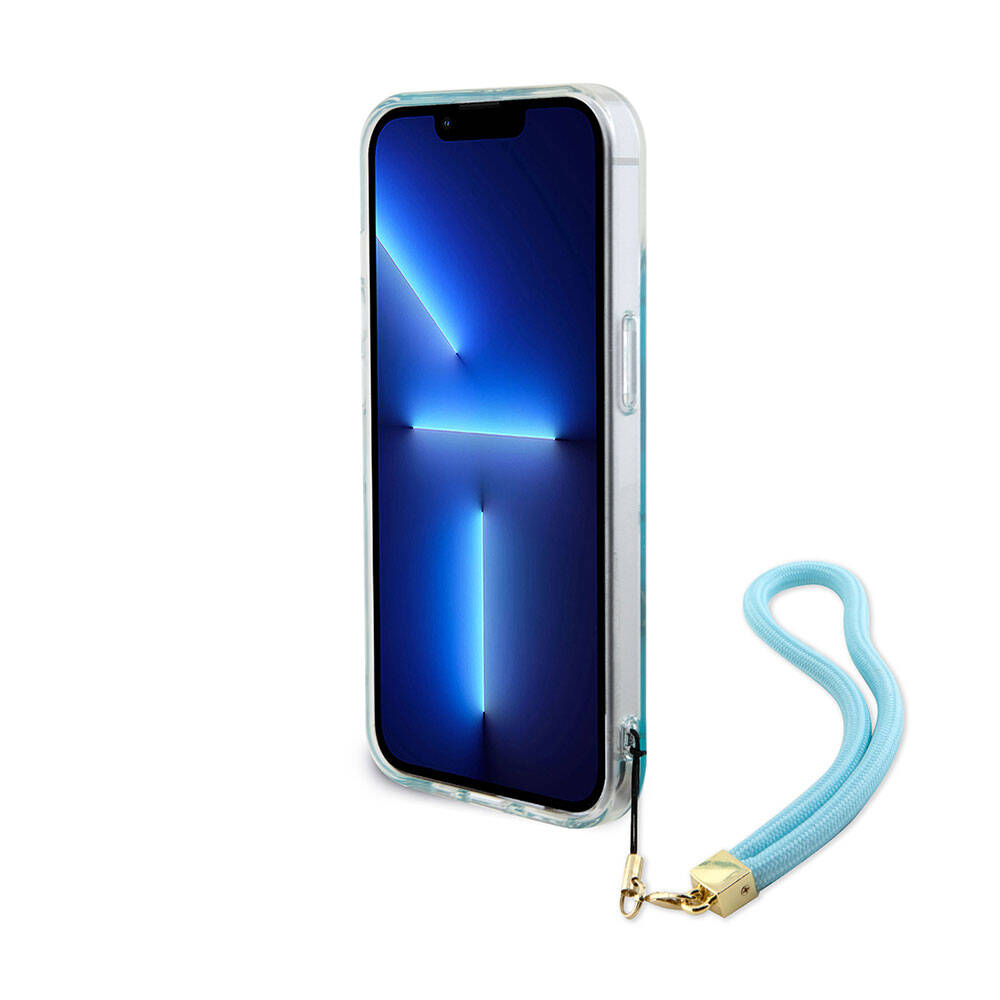 Apple iPhone 15 Plus Kılıf Guess Orjinal Lisanslı Desenli Yazı Logolu Askı İpli Holografik Glitter Peony Kapak Siyah