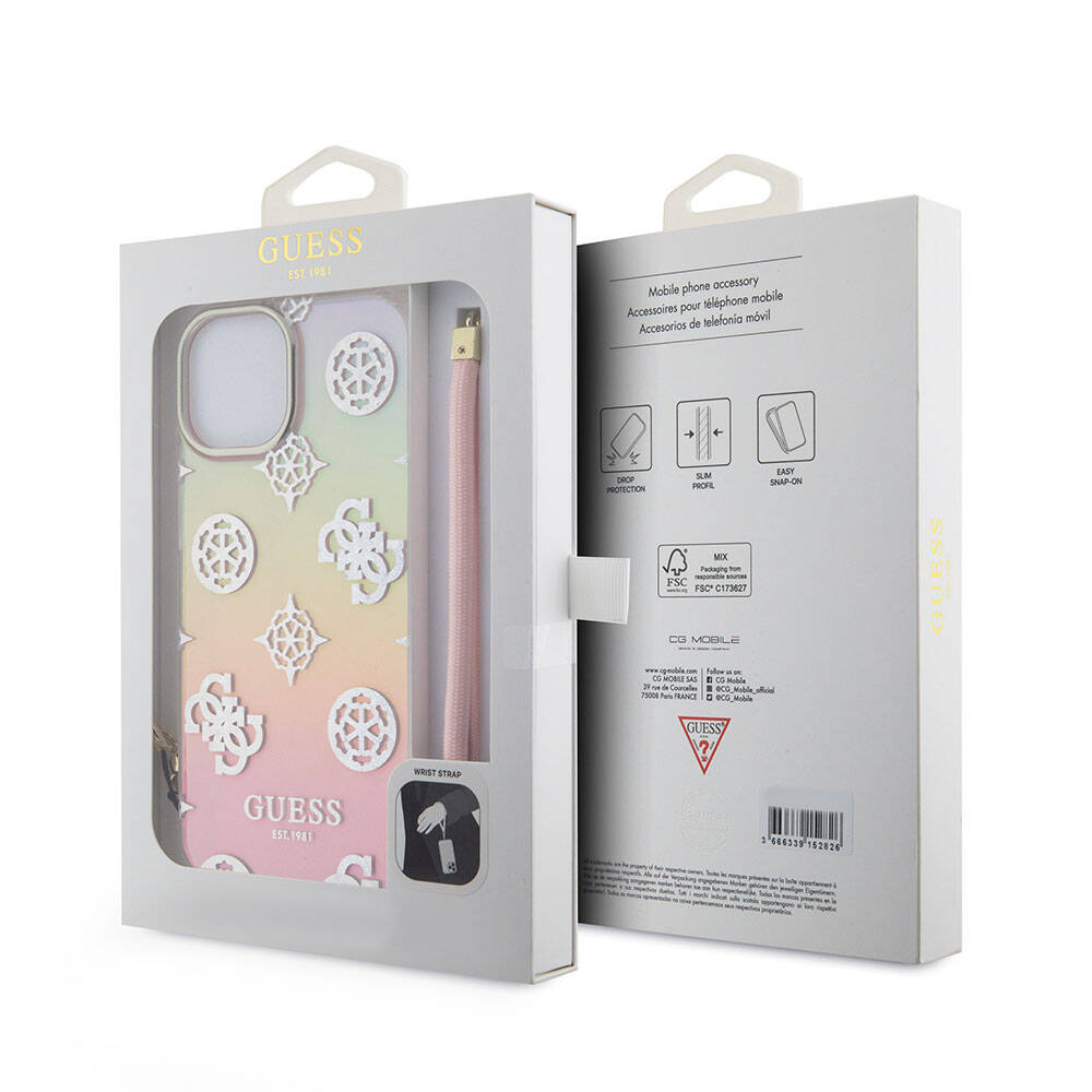 Apple iPhone 15 Plus Kılıf Guess Orjinal Lisanslı Desenli Yazı Logolu Askı İpli Holografik Glitter Peony Kapak Mor