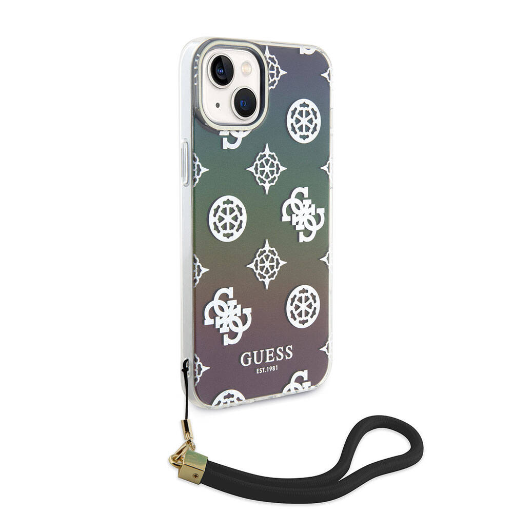 Apple iPhone 15 Plus Kılıf Guess Orjinal Lisanslı Desenli Yazı Logolu Askı İpli Holografik Glitter Peony Kapak Mor