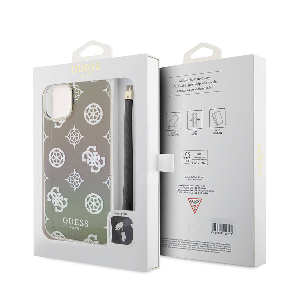 Apple iPhone 15 Plus Kılıf Guess Orjinal Lisanslı Desenli Yazı Logolu Askı İpli Holografik Glitter Peony Kapak Turkuaz