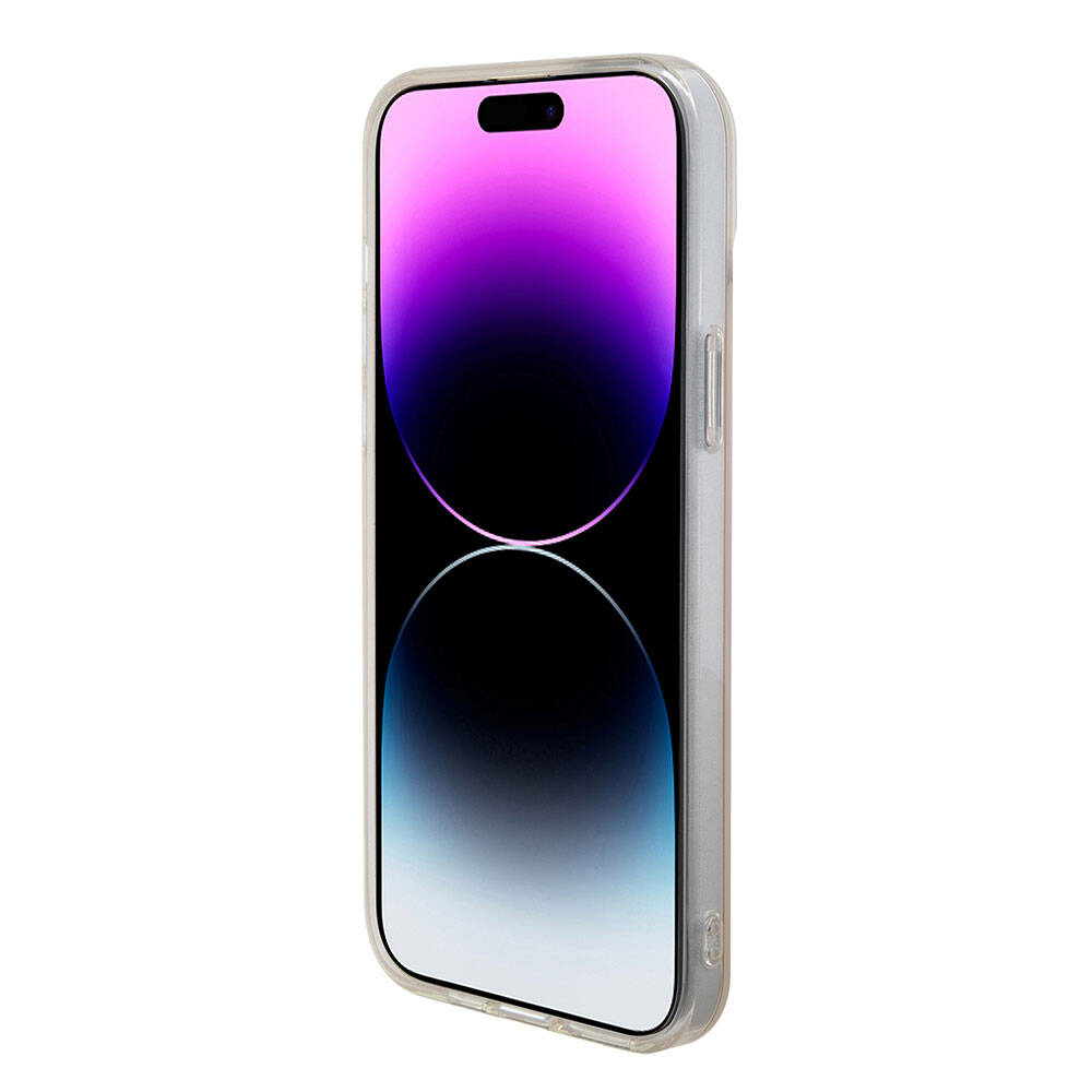 Apple iPhone 15 Plus Kılıf Guess Orjinal Lisanslı M-safe Şarj Özellikli Yazı Logolu Iridescent Kapak Mor