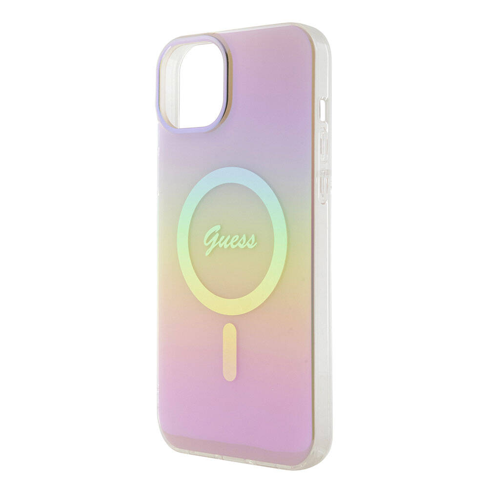 Apple iPhone 15 Plus Kılıf Guess Orjinal Lisanslı M-safe Şarj Özellikli Yazı Logolu Iridescent Kapak Pembe