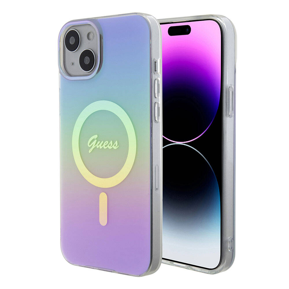 Apple iPhone 15 Plus Kılıf Guess Orjinal Lisanslı M-safe Şarj Özellikli Yazı Logolu Iridescent Kapak Turkuaz