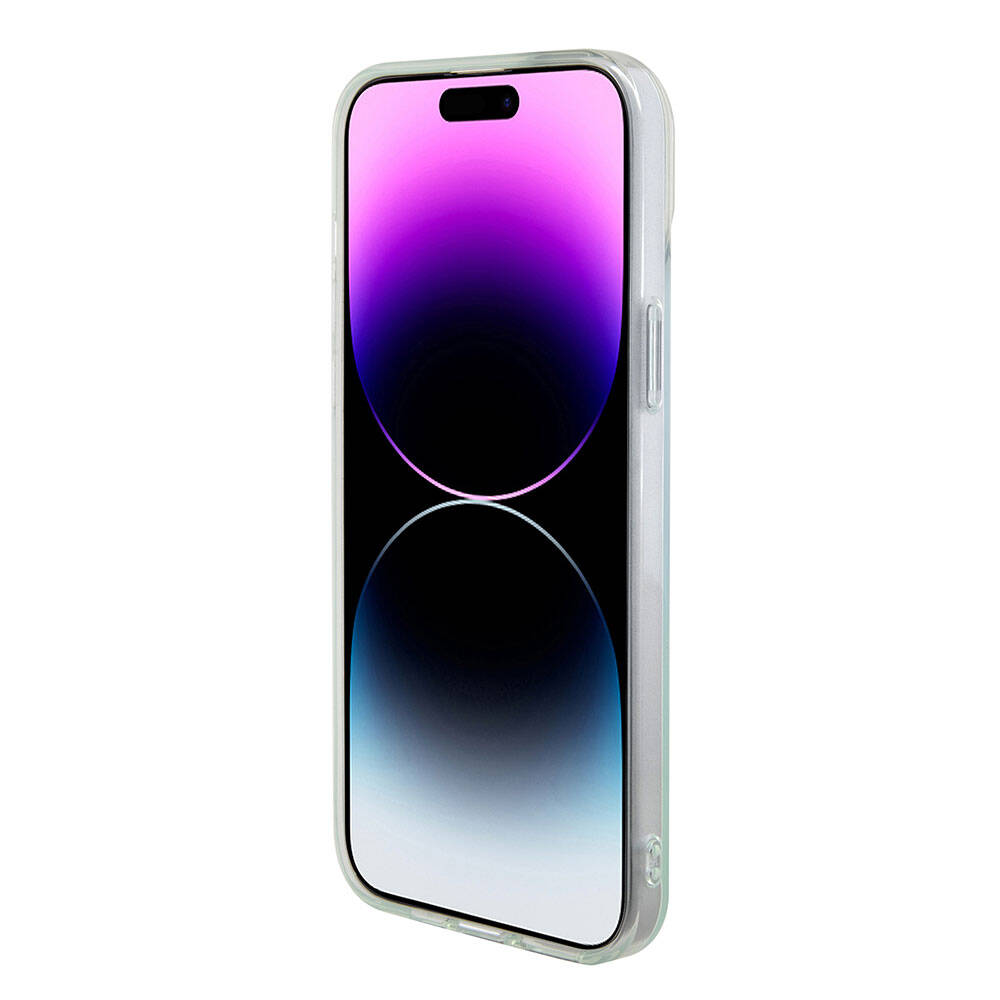Apple iPhone 15 Plus Kılıf Guess Orjinal Lisanslı M-safe Şarj Özellikli Yazı Logolu Iridescent Kapak Pembe