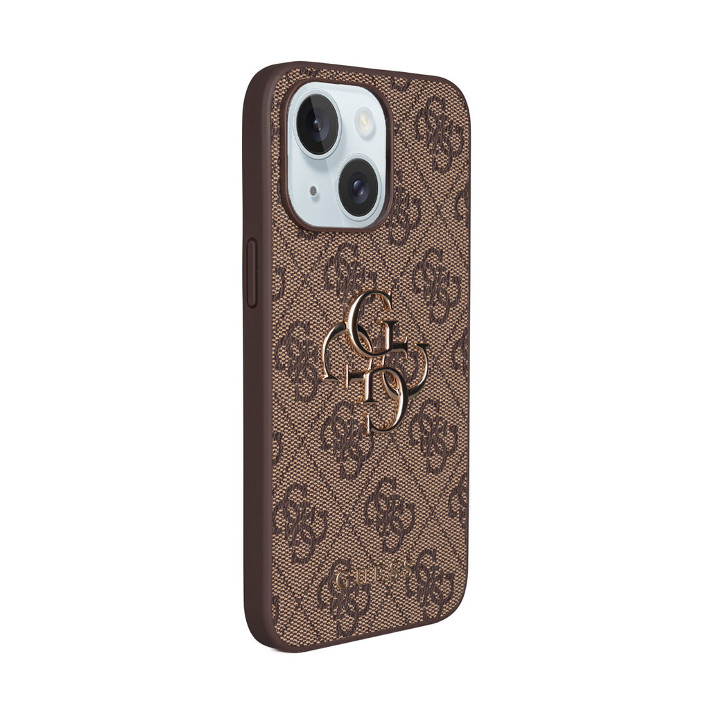 Apple iPhone 15 Plus Kılıf Guess Orjinal Lisanslı PU Deri 4G Büyük Metal Logolu Çapraz Vücut Askılı Kapak Kahverengi