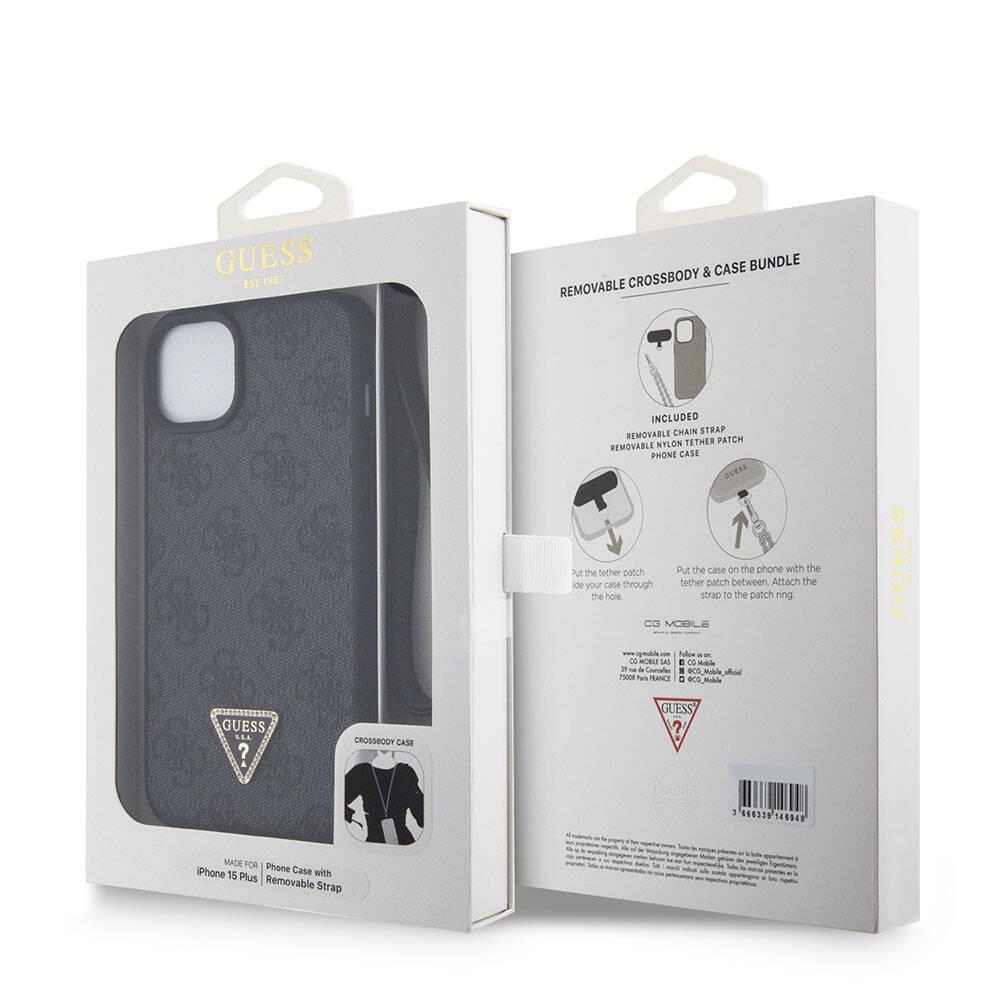 Apple iPhone 15 Plus Kılıf Guess Orjinal Lisanslı PU Deri Askılı Taşlı Üçgen Logo 4G Desenli Strass Crossbody Kapak Siyah
