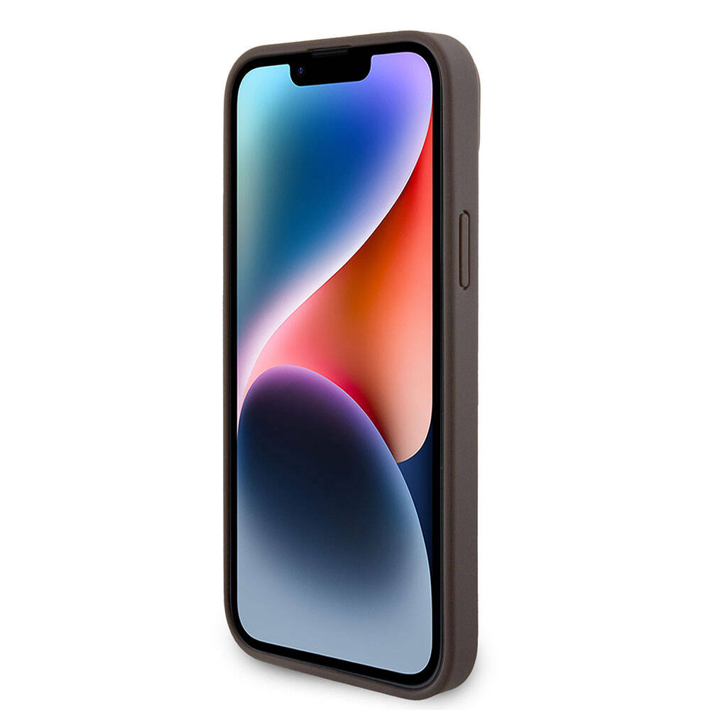 Apple iPhone 15 Plus Kılıf Guess Orjinal Lisanslı PU Deri Askılı Taşlı Üçgen Logo 4G Desenli Strass Crossbody Kapak Kahverengi