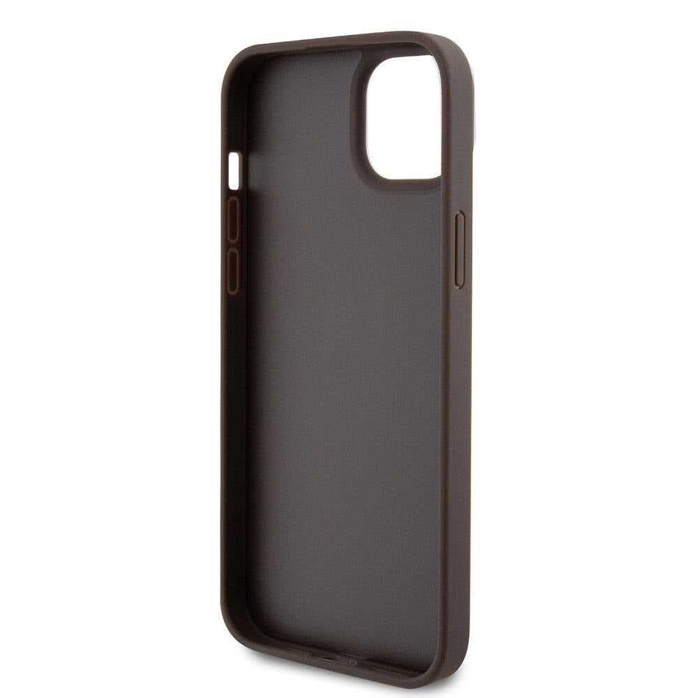 Apple iPhone 15 Plus Kılıf Guess Orjinal Lisanslı PU Deri Askılı Taşlı Üçgen Logo 4G Desenli Strass Crossbody Kapak Kahverengi