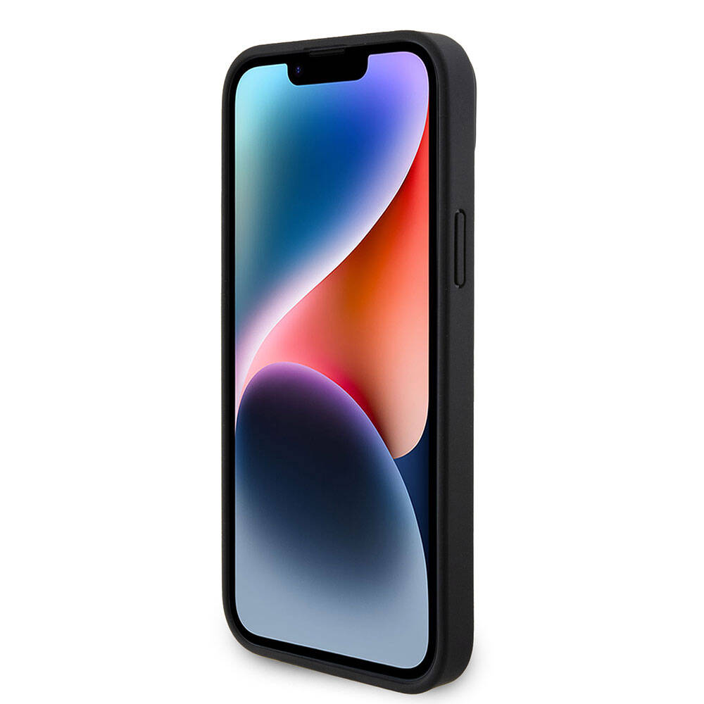 Apple iPhone 15 Plus Kılıf Guess Orjinal Lisanslı PU Deri Taşlı Üçgen Logo 4G Desenli Kapak Pembe