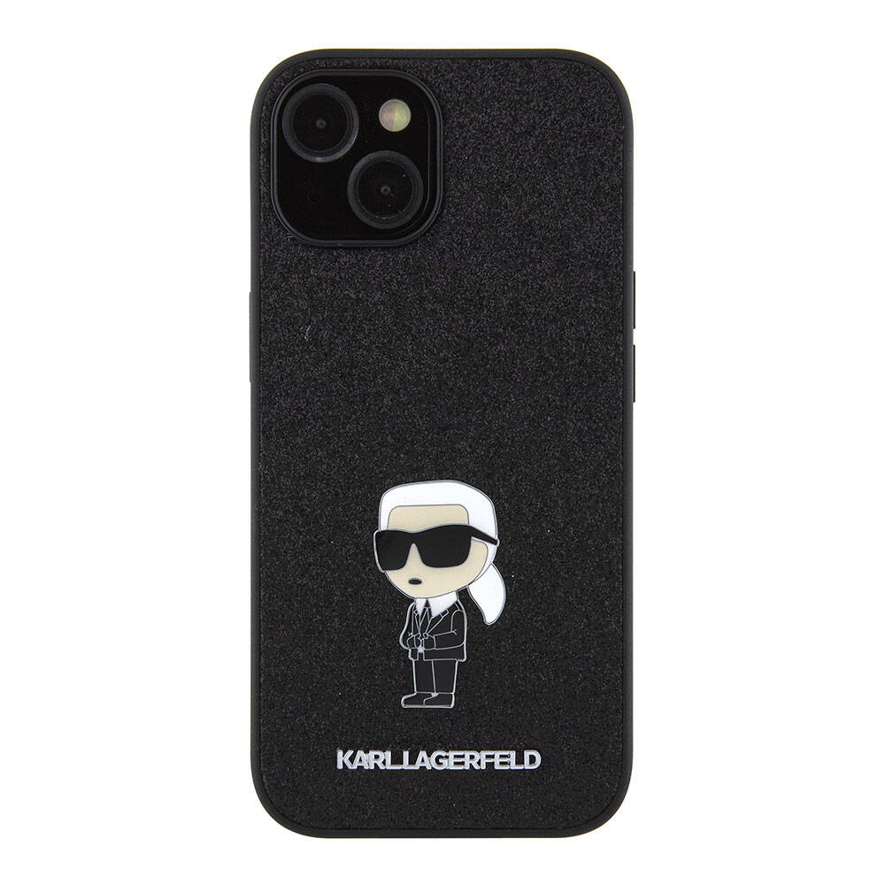 Apple iPhone 15 Plus Kılıf Karl Lagerfeld İkonik Fixed Glitter Metal Logo Orjinal Lisanslı Kapak Siyah