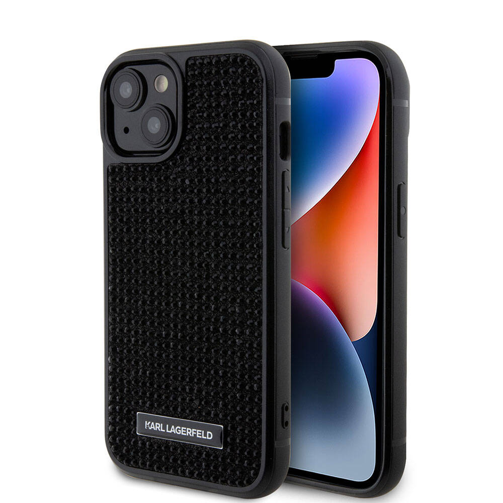 Apple iPhone 15 Plus Kılıf Karl Lagerfeld Taşlı Metal Logo Orjinal Lisanslı Kapak Siyah