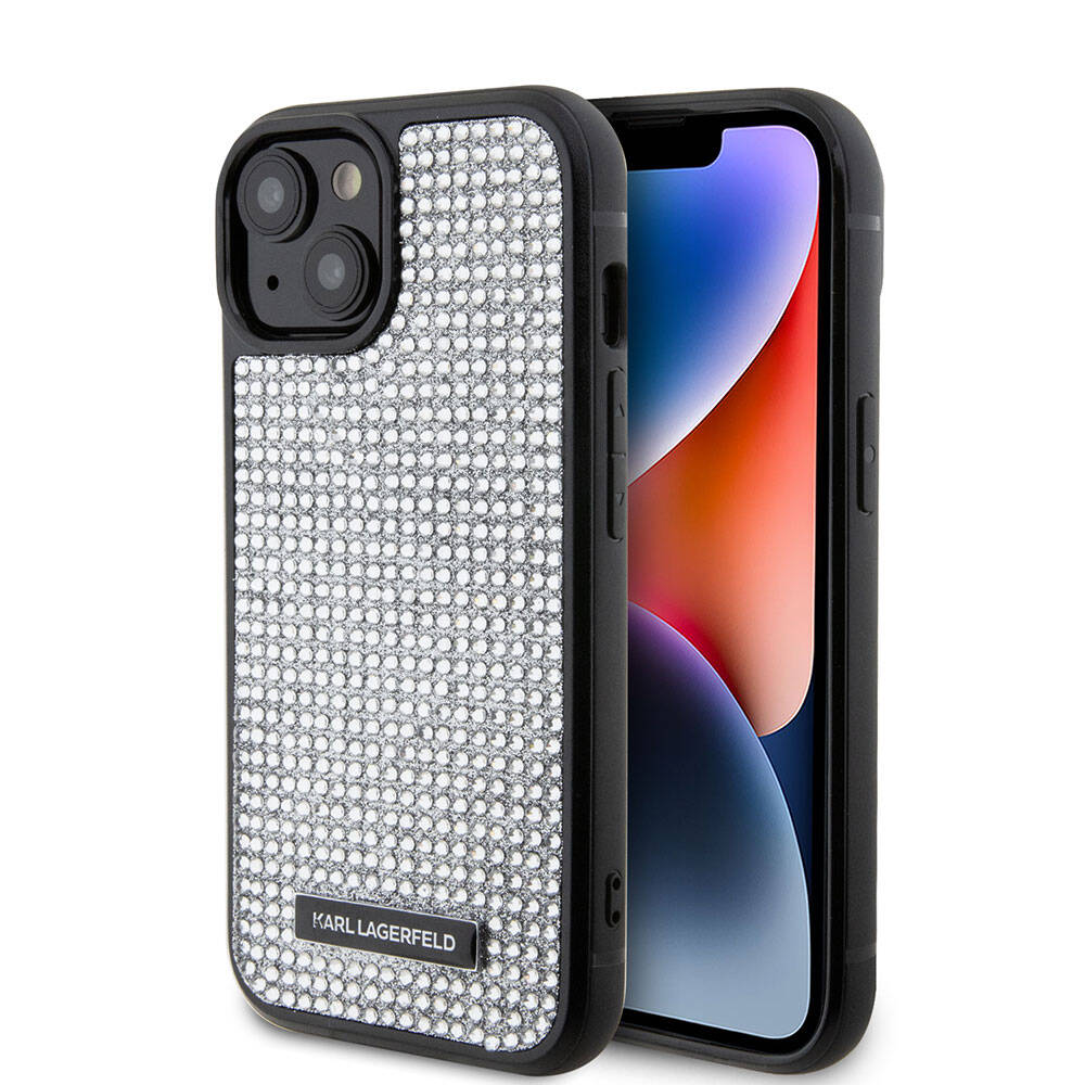 Apple iPhone 15 Plus Kılıf Karl Lagerfeld Taşlı Metal Logo Orjinal Lisanslı Kapak Gümüş