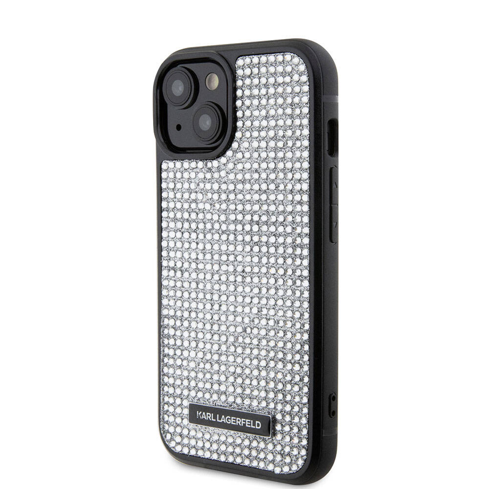Apple iPhone 15 Plus Kılıf Karl Lagerfeld Taşlı Metal Logo Orjinal Lisanslı Kapak Gümüş