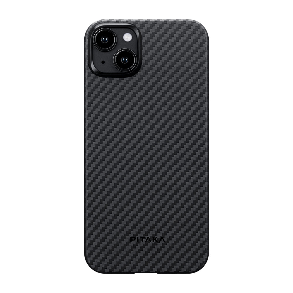 Apple iPhone 15 Plus Kılıf M-safe Şarj Özellikli 1500D Aramid Fiber Pitaka Ultra-Slim Classic Serisi Black-Grey Twill Kapak Siyah-Gri
