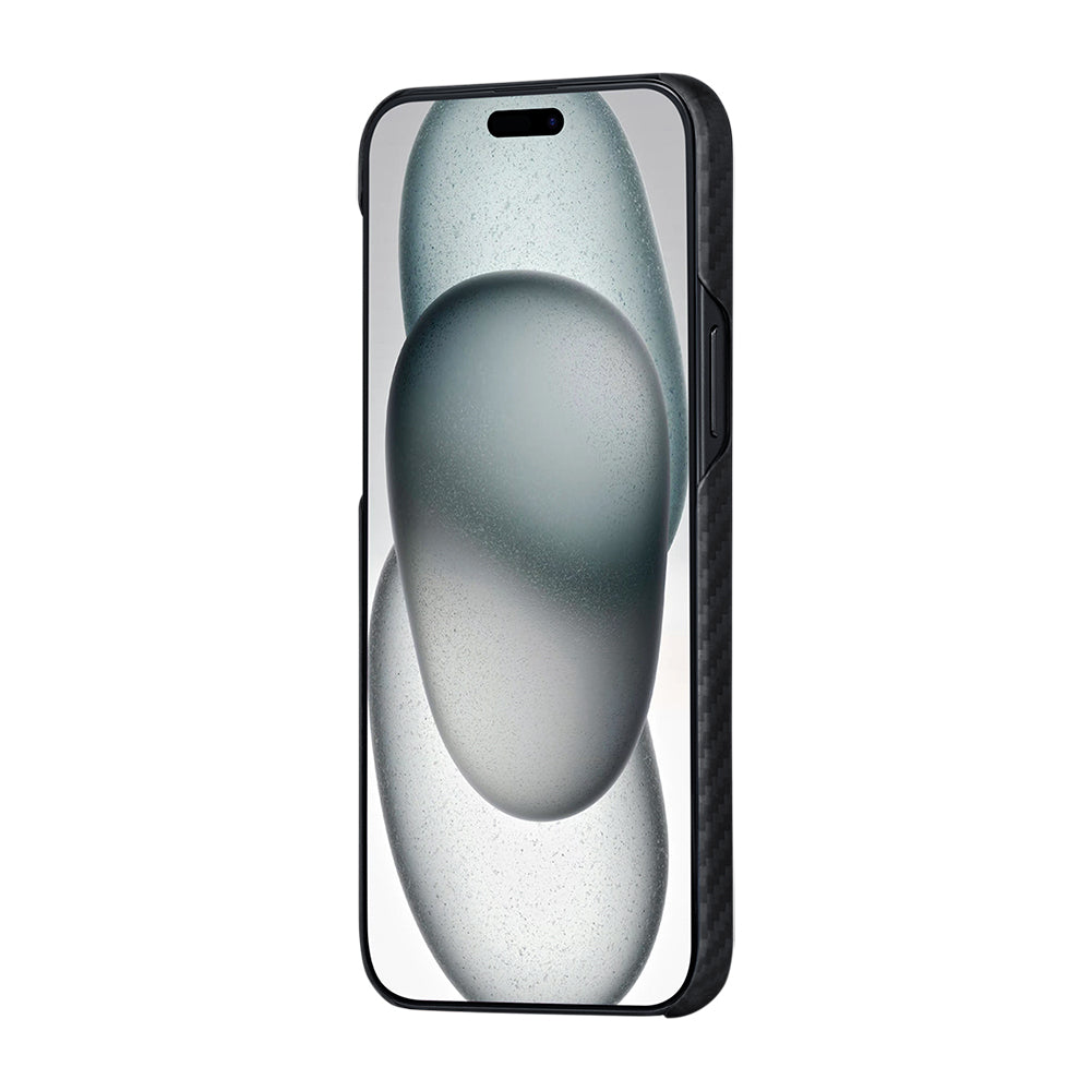 Apple iPhone 15 Plus Kılıf M-safe Şarj Özellikli 1500D Aramid Fiber Pitaka Ultra-Slim Classic Serisi Black-Grey Twill Kapak Siyah-Gri