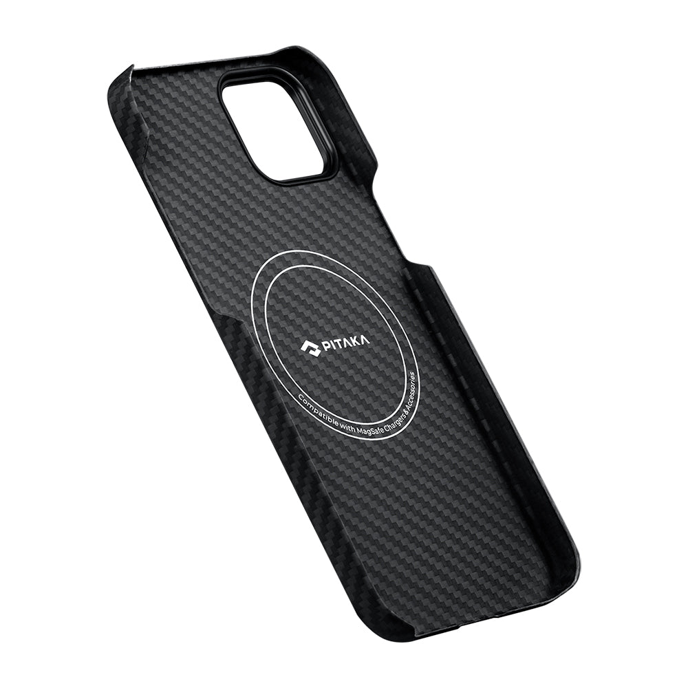 Apple iPhone 15 Plus Kılıf M-safe Şarj Özellikli 1500D Aramid Fiber Pitaka Ultra-Slim Classic Serisi Black-Grey Twill Kapak Siyah-Gri