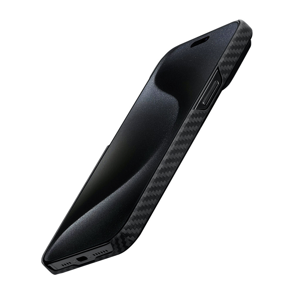 Apple iPhone 15 Plus Kılıf M-safe Şarj Özellikli 1500D Aramid Fiber Pitaka Ultra-Slim Classic Serisi Black-Grey Twill Kapak Siyah-Gri