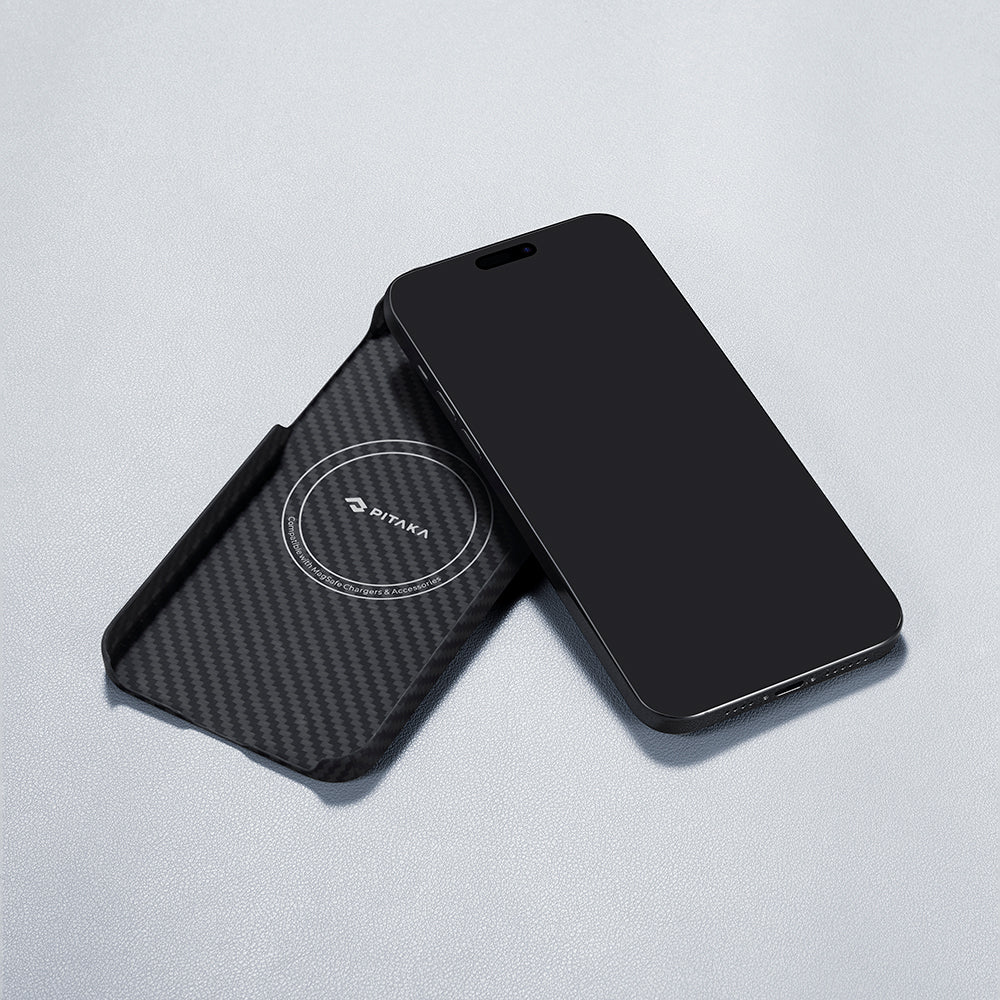 Apple iPhone 15 Plus Kılıf M-safe Şarj Özellikli 1500D Aramid Fiber Pitaka Ultra-Slim Classic Serisi Black-Grey Twill Kapak Siyah-Gri