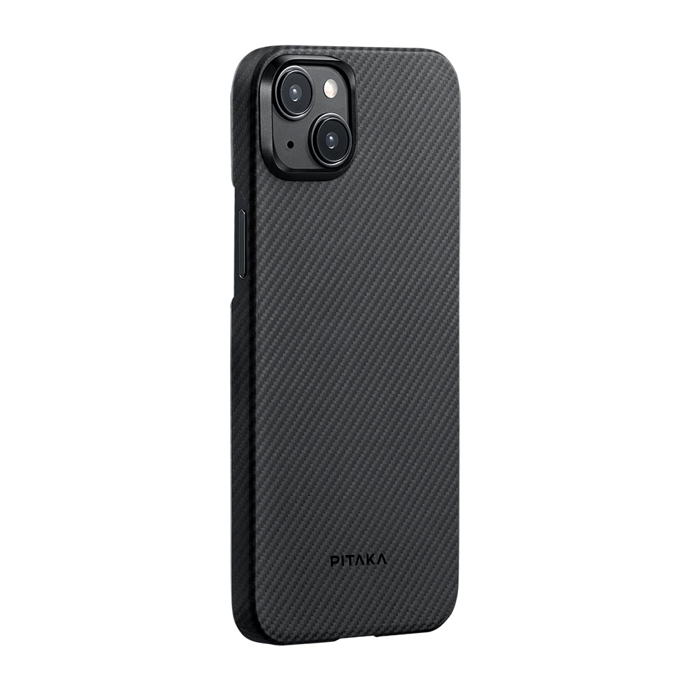 Apple iPhone 15 Plus Kılıf M-safe Şarj Özellikli 600D Aramid Fiber Pitaka Ultra-Slim Classic Serisi Black-Grey Twill Kapak Siyah-Gri