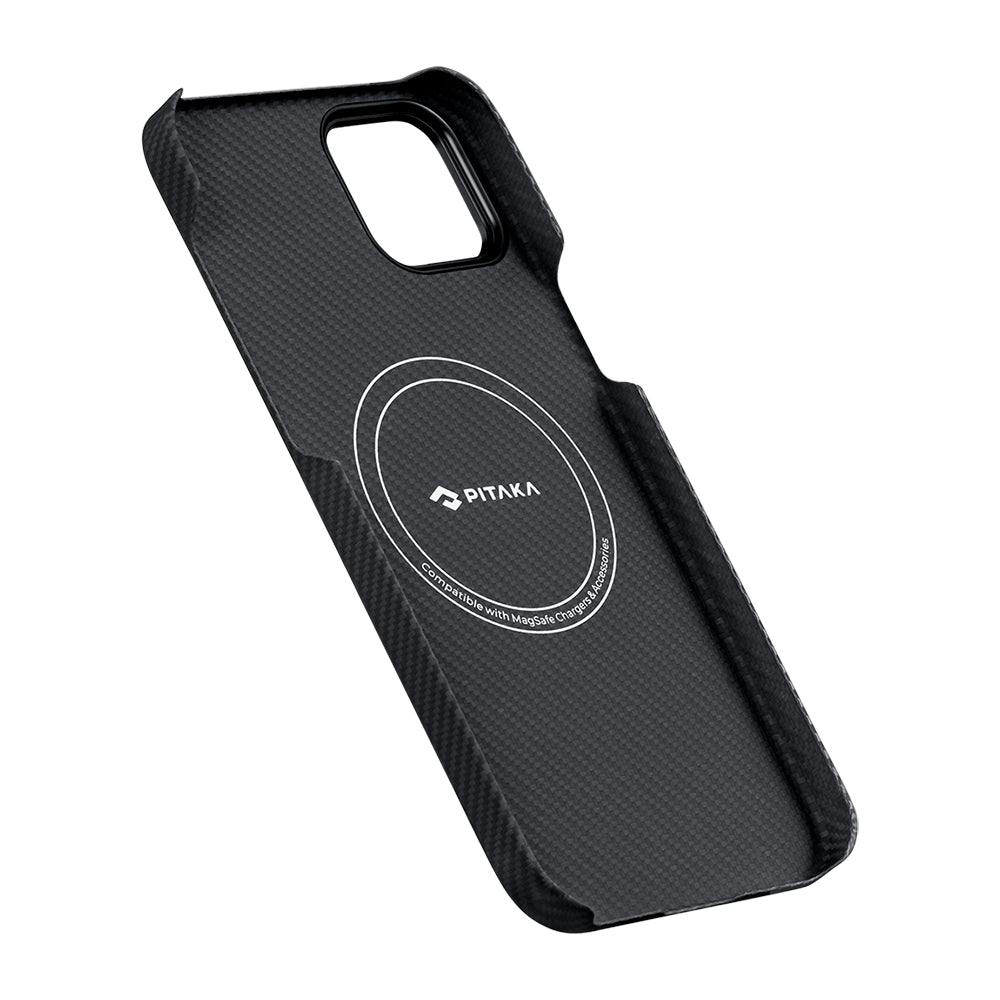 Apple iPhone 15 Plus Kılıf M-safe Şarj Özellikli 600D Aramid Fiber Pitaka Ultra-Slim Classic Serisi Black-Grey Twill Kapak Siyah-Gri