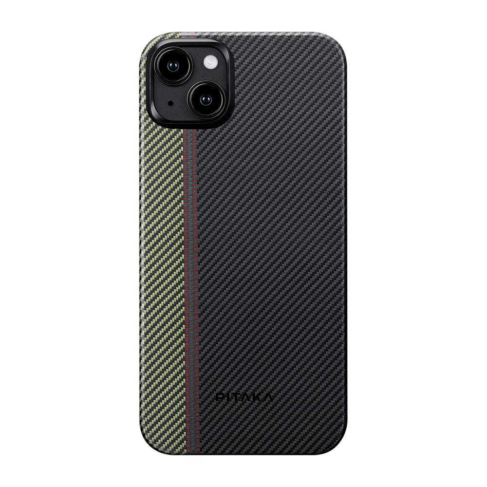 Apple iPhone 15 Plus Kılıf M-safe Şarj Özellikli 600D Aramid Fiber Pitaka Tactile Woven Orchestra Serisi Overture Kapak Siyah-Yeşil