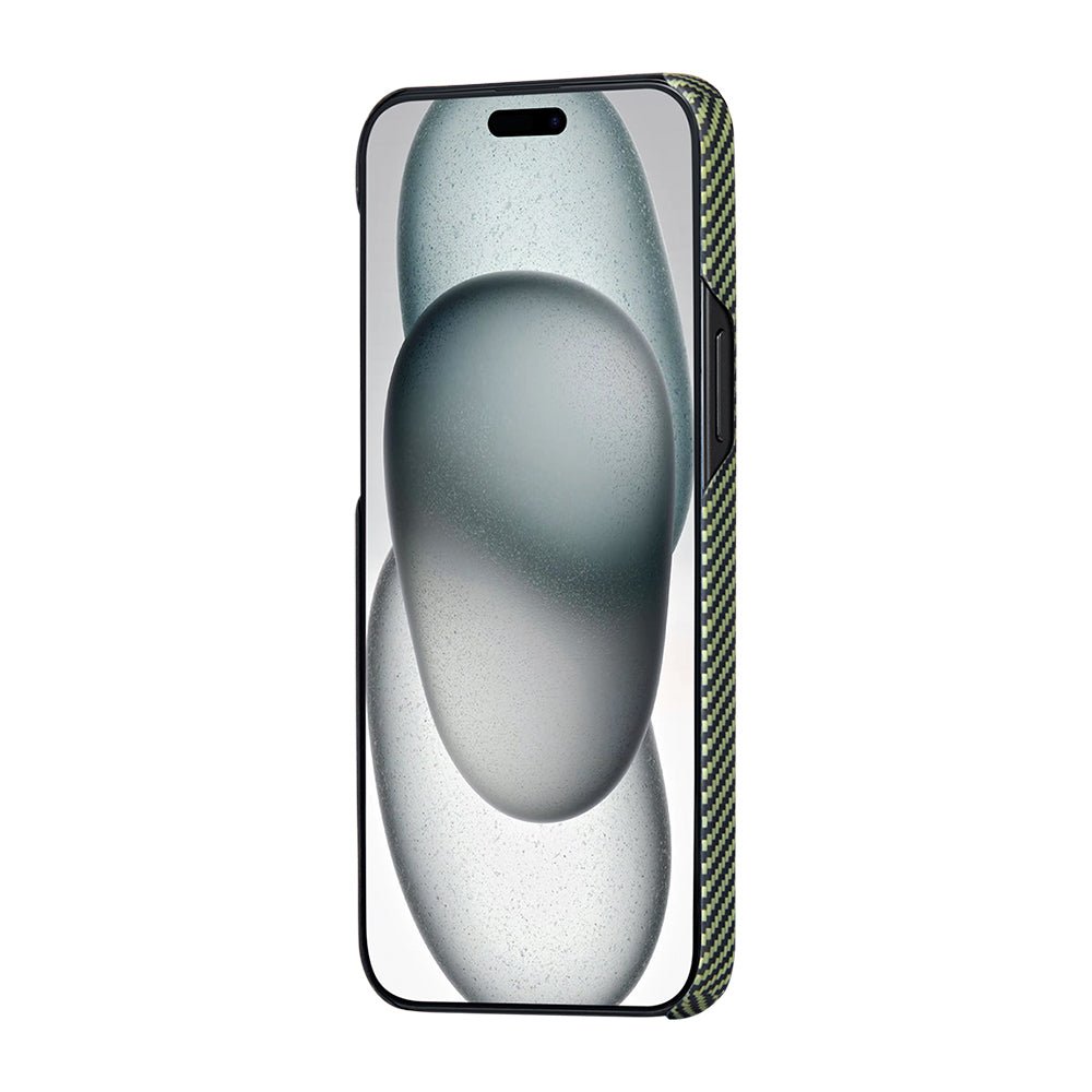 Apple iPhone 15 Plus Kılıf M-safe Şarj Özellikli 600D Aramid Fiber Pitaka Tactile Woven Orchestra Serisi Overture Kapak Siyah-Yeşil