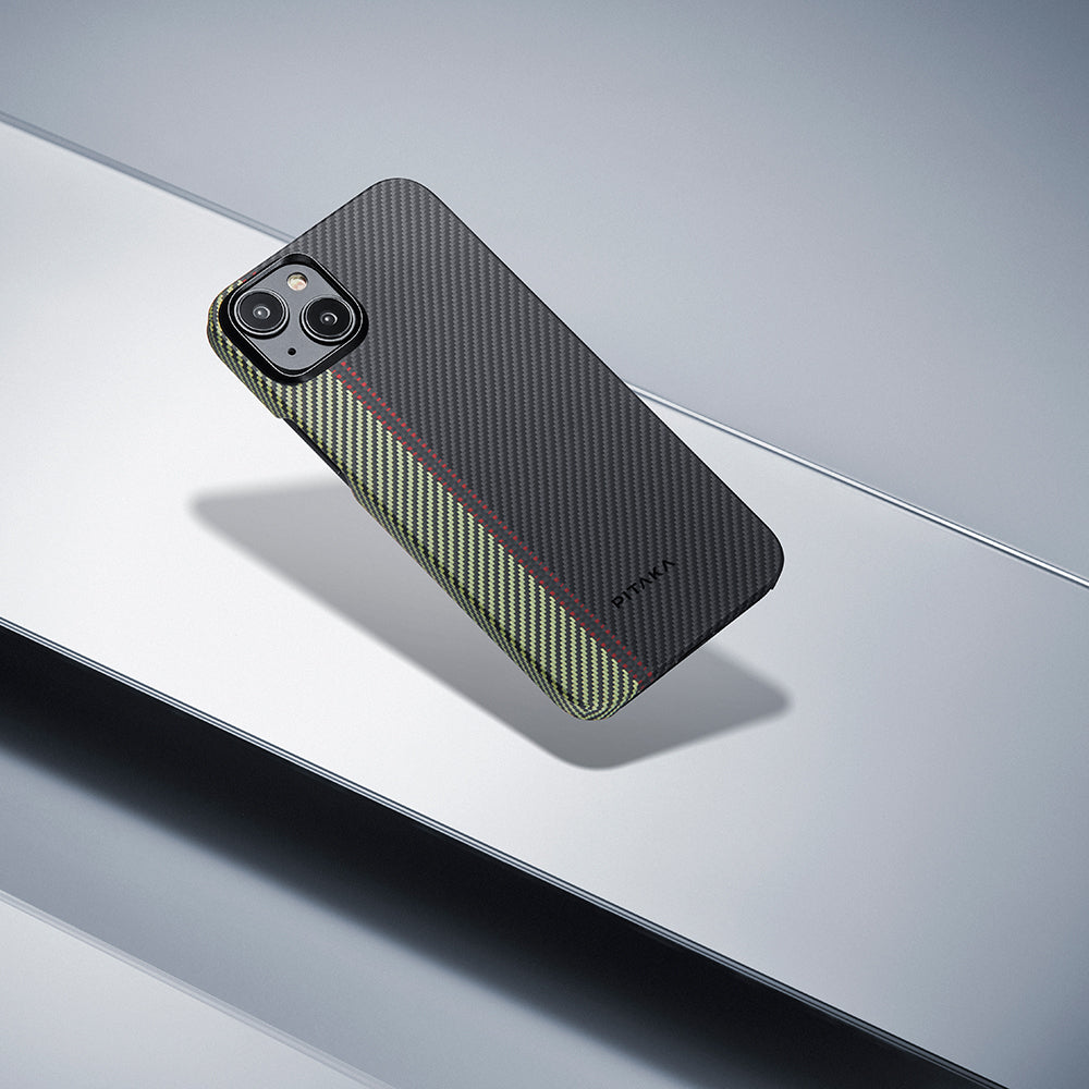 Apple iPhone 15 Plus Kılıf M-safe Şarj Özellikli 600D Aramid Fiber Pitaka Tactile Woven Orchestra Serisi Overture Kapak Siyah-Yeşil