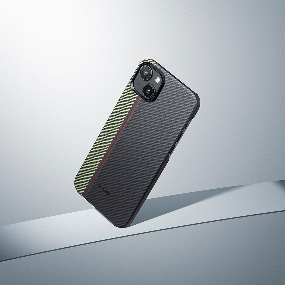 Apple iPhone 15 Plus Kılıf M-safe Şarj Özellikli 600D Aramid Fiber Pitaka Tactile Woven Orchestra Serisi Overture Kapak Siyah-Yeşil