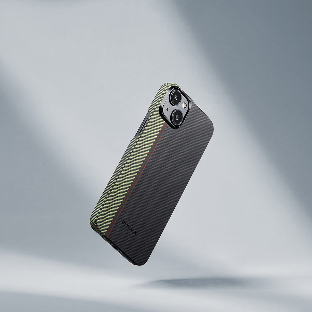 Apple iPhone 15 Plus Kılıf M-safe Şarj Özellikli 600D Aramid Fiber Pitaka Tactile Woven Orchestra Serisi Overture Kapak Siyah-Yeşil