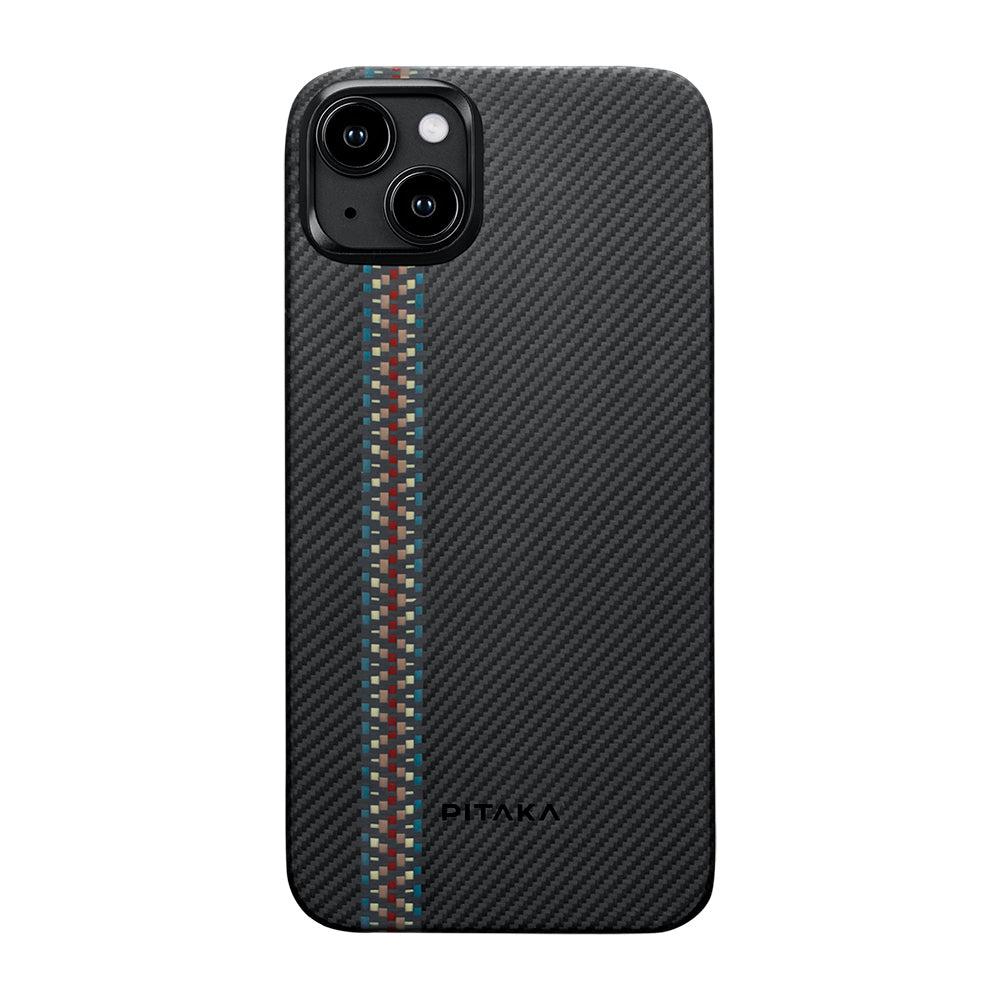 Apple iPhone 15 Plus Kılıf M-safe Şarj Özellikli 600D Aramid Fiber Pitaka Tactile Woven Orchestra Serisi Rhapsody Kapak Siyah