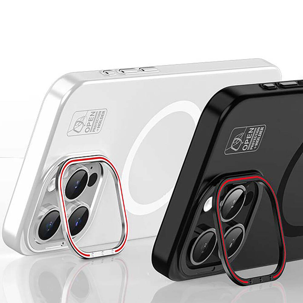 Apple iPhone 15 Plus Kılıf M-safe Şarj Özellikli Standlı Metal Kamera Çerçeveli Mat Recci Glaze Serisi Kapak Beyaz