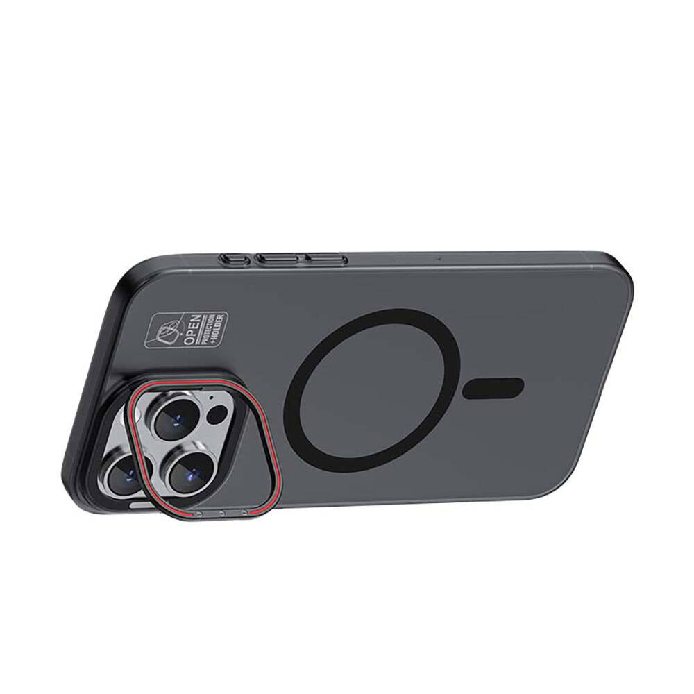 Apple iPhone 15 Plus Kılıf M-safe Şarj Özellikli Standlı Metal Kamera Çerçeveli Mat Recci Glaze Serisi Kapak Siyah